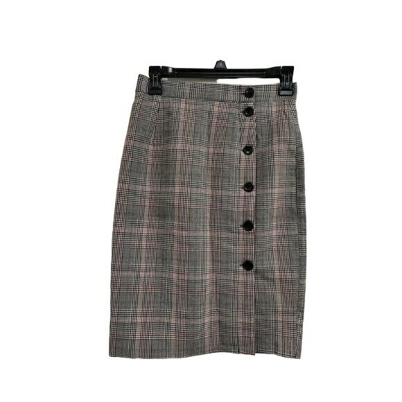 H&M Plaid Pencil Skirt Knee-length Button Up Taupe Sz 2 Buttons Side Slit Office - Picture 4 of 9